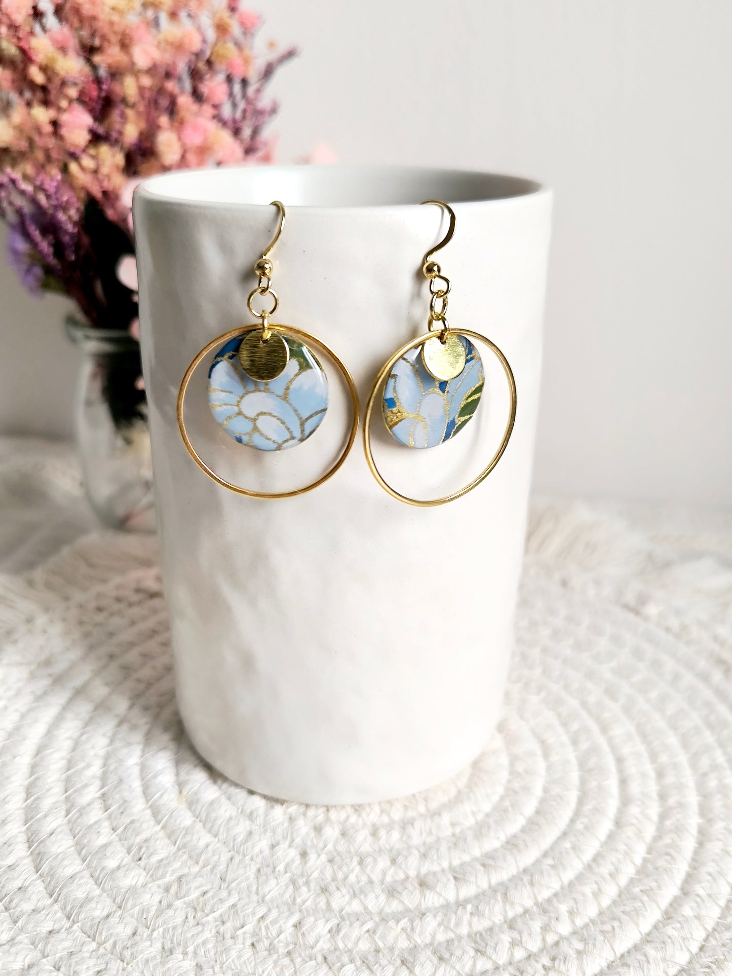 Boucles d'oreilles rondes : Papier Japonais bleu