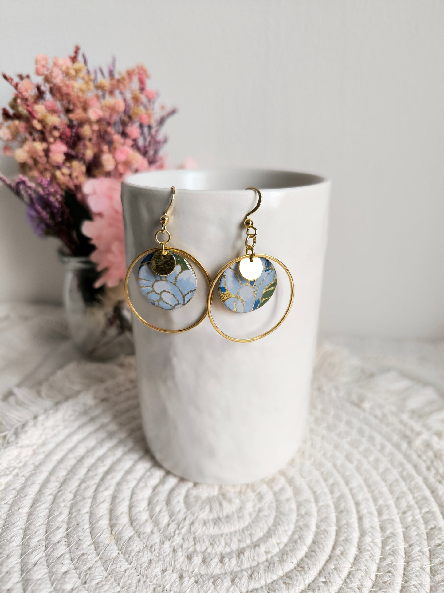 Boucles d'oreilles rondes : Papier Japonais bleu