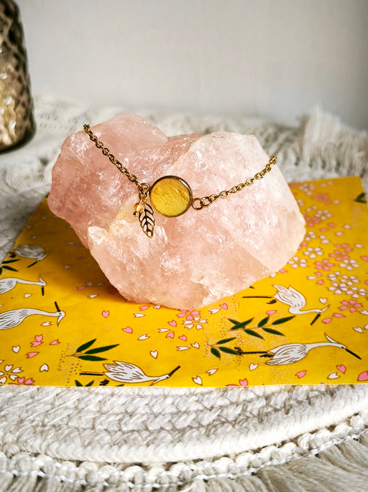 Bracelet Renoncule et citrine - Bijoux floral bohème chic en acier doré - Bleucalyptus