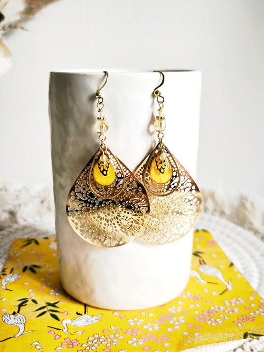 Boucles d'oreilles filigranes Renoncule et citrine - Bijoux floral bohème chic en acier doré - Bleucalyptus