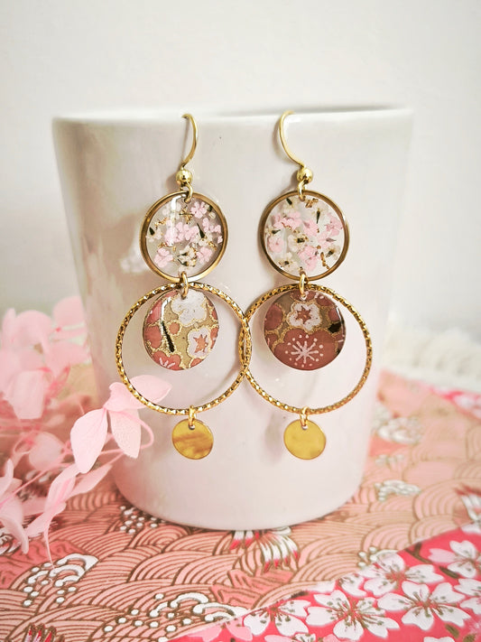 Boucles d’oreilles “Sakura d’Aurore” – Fleurs séchées & papier japonais