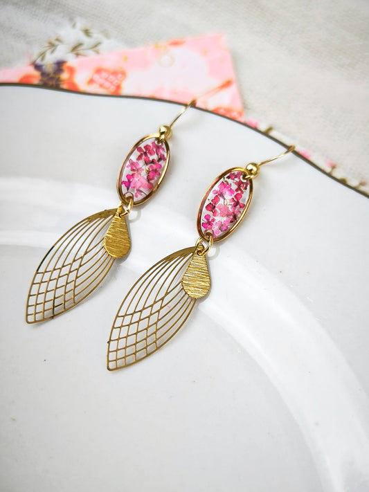 Boucles d’oreilles Feuille rose - fleurs naturelles – Fleur de carotte &acier doré