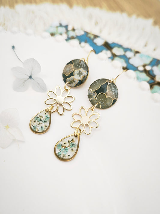 Boucles d’oreilles “fleur d'eau ” – Fleur de carotte & papier japonais