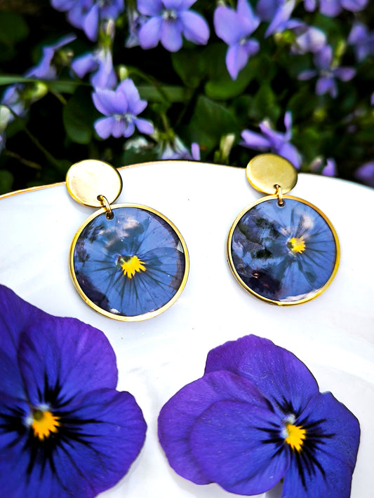 Boucles d’oreilles rondes - fleur de pensée - acier doré