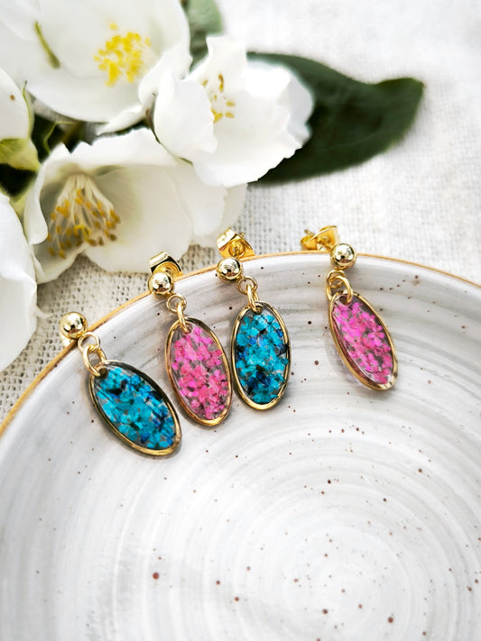Mini Boucles d’oreilles fleuries - ovales  -  acier doré - divers coloris