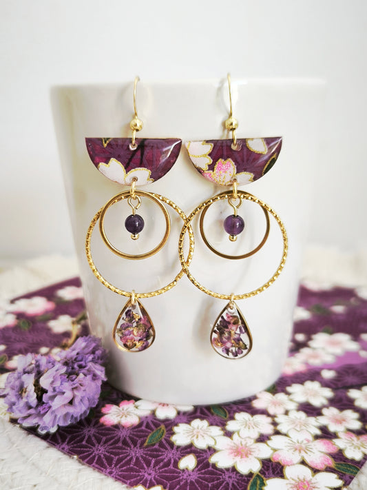 Boucles d’oreilles “Ume Akari” – Fleur d’alysse, améthyste & papier japonais