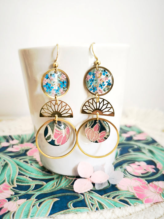 Boucles d’oreilles “Soleil d’Émeraude” – Fleur de carotte & papier japonais