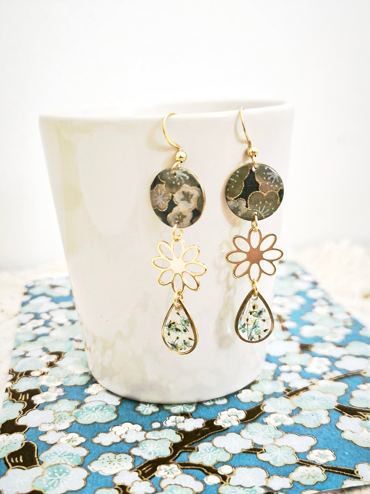 Boucles d’oreilles “fleur d'eau ” – Fleur de carotte & papier japonais