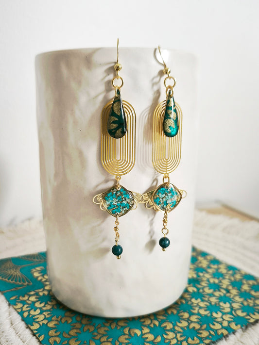 Boucles d'Oreilles "Oasis de Shambhala" – Pierre d'Apatite & Papier Lokta