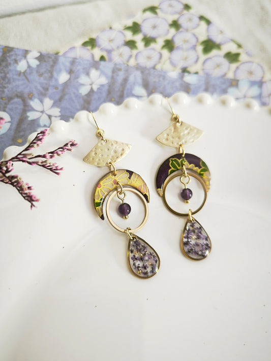 Boucles d’oreilles florales – Clair de lune japonais & améthyste