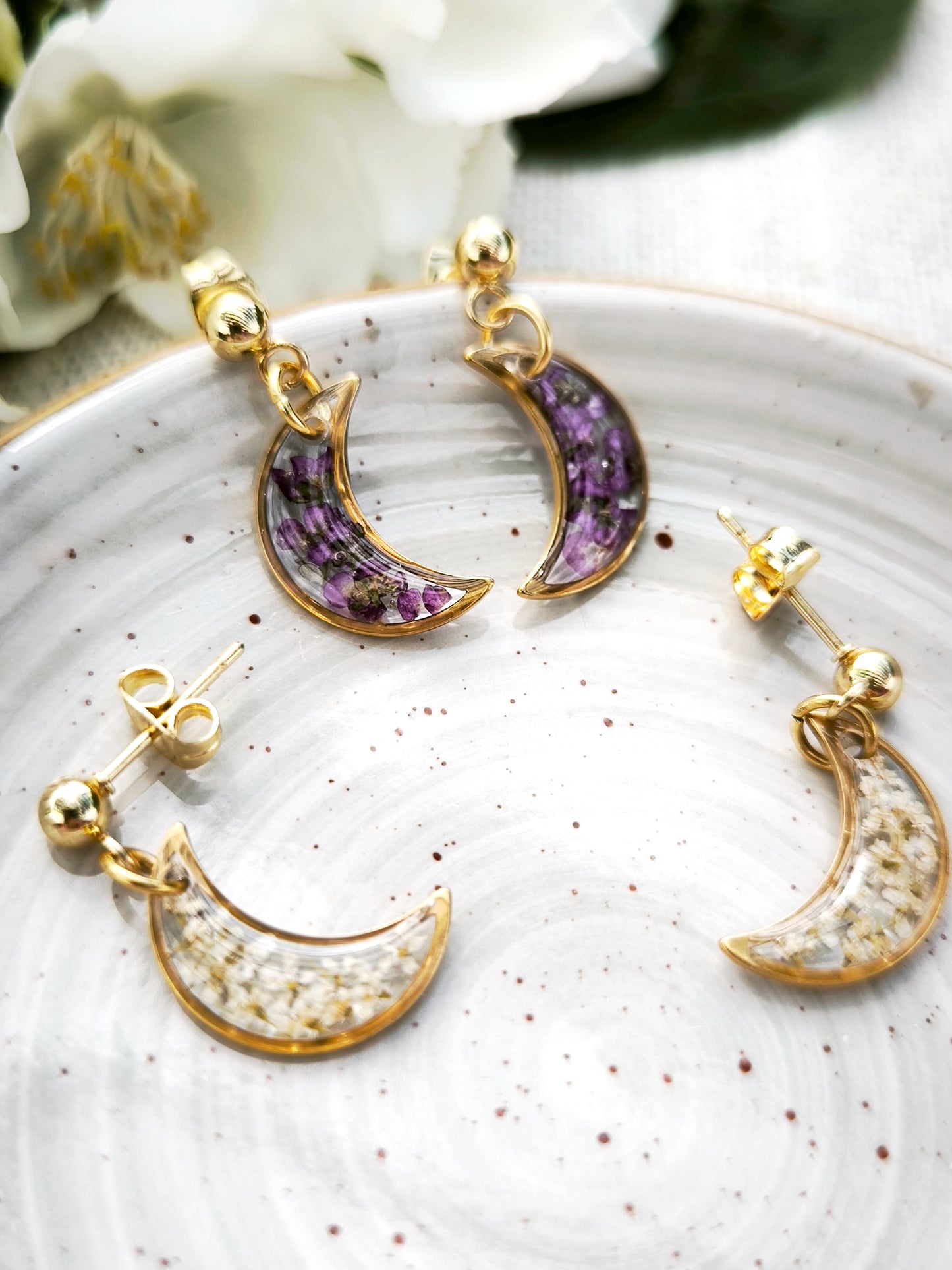 Mini Boucles d’oreilles fleuries - lune -  acier doré - divers coloris