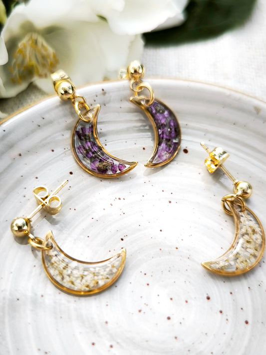 Mini Boucles d’oreilles fleuries - lune -  acier doré - divers coloris