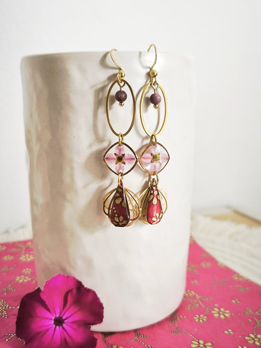 Boucles d'oreilles Lalima de l'Himalaya - tourmaline rose et papier Lokta