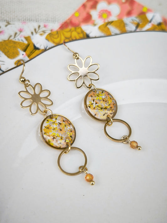 Boucles d’oreilles Flower - fleurs naturelles – Fleur de carotte & cornaline, acier doré
