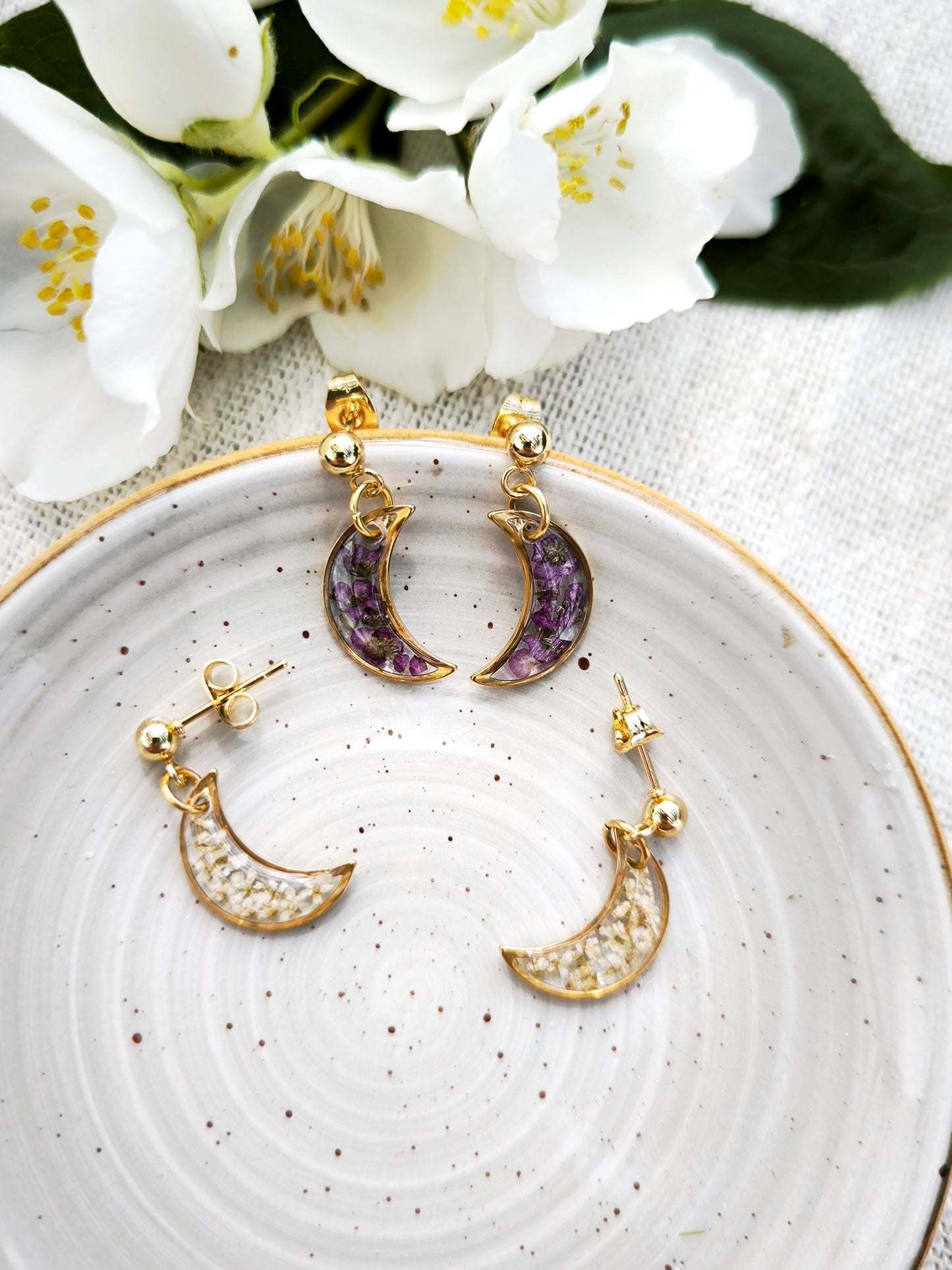Mini Boucles d’oreilles fleuries - lune -  acier doré - divers coloris