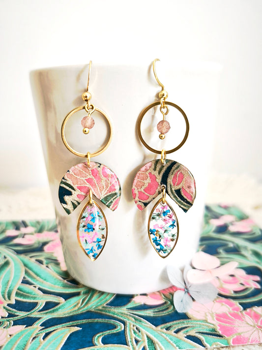 Boucles d’oreilles “Jardin d’Émeraude” – Fleur de carotte, quartz fraise & papier japonais