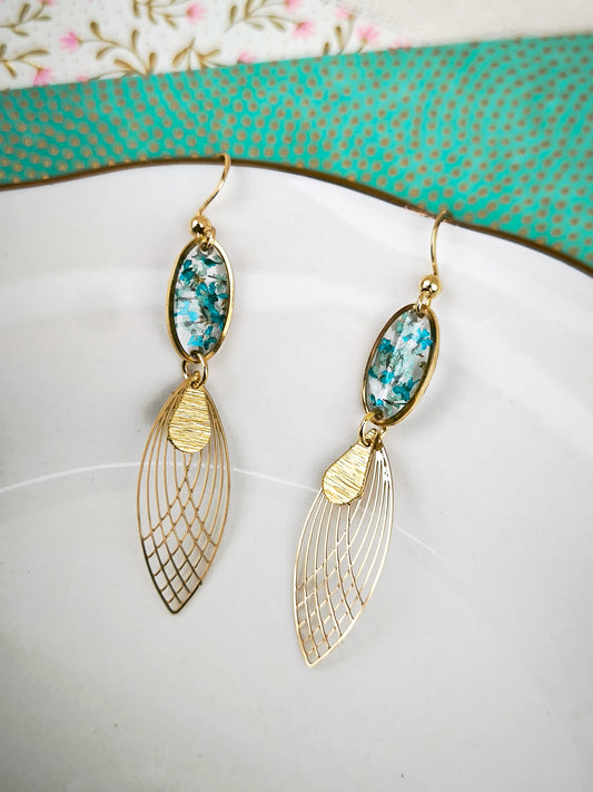 Boucles d’oreilles Feuille lagon - fleurs naturelles – Fleur de carotte &acier doré