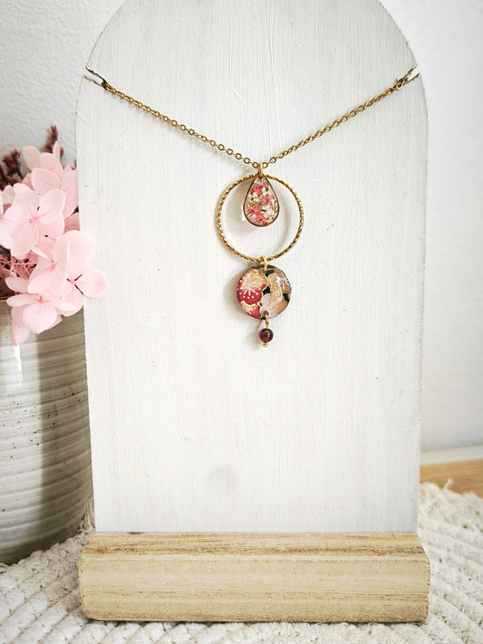 Collier  “Yozakura” – Fleur de carotte, grenat & papier japonais