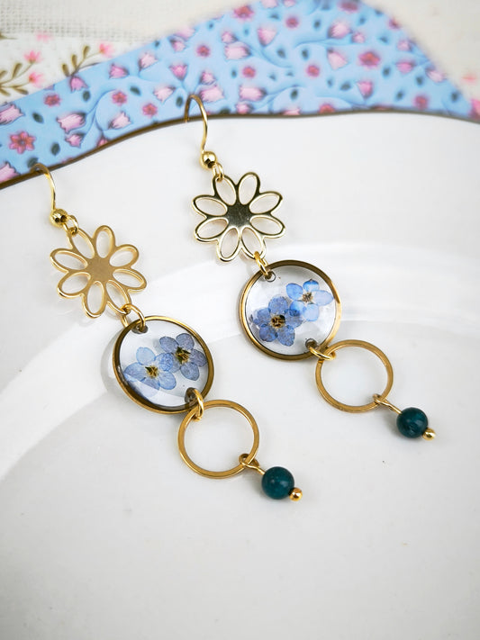 Boucles d’oreilles Flower - fleurs naturelles – Myosotis & apatite, acier doré