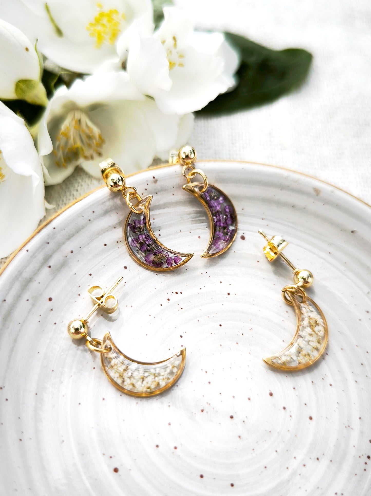 Mini Boucles d’oreilles fleuries - lune -  acier doré - divers coloris