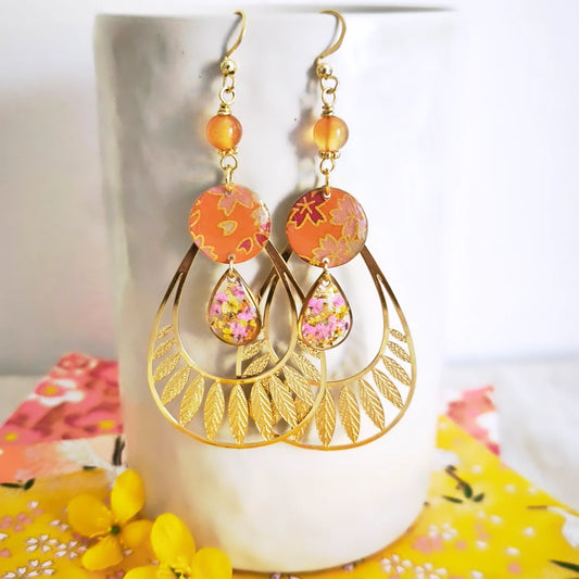 Boucles d’oreilles florales – Crépuscule japonais & cornaline